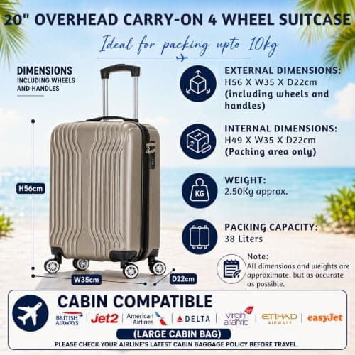 DK Luggage Carry-on 20” Cabin Virgin Atlantic, EasyJet, BA, Jet 2 Hard Shell Hand Luggage Suitcase 4 Wheel Spinner Luggage ABS25 (Gold, 20" Carry-on) — view 2