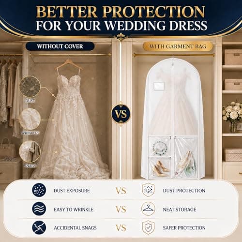 Wedding Dress Bag Covers, URMI Heavy Duty 180 x 60 x 26cm Bridal Gown Cover with 3 Clear PVC Pockets, Long Garment Bag with Handles for Wedding Gown, Evening Dress, Prom Dress, Travel Storage, 1 Pack — view 6