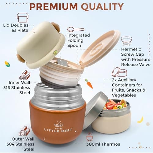 The Little Nest Baby Food Flask – Insulated Thermal Food Jar 300ml, Keeps Food Warm for Hours, Leakproof Stainless Steel, Includes Spoon & Containers – Ideal for Weaning & Travel — view 3