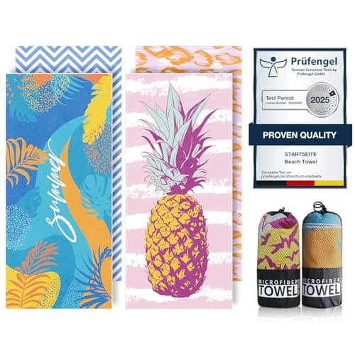Microfibre Beach Towels for Adults - 200x90cm 2 Pack Extra Large Beach Towels in Gift Boxed, 250 GSM, Sand Free, Lightweight & Quick Dry Beach Towel for Swim, Travel and Gym(Word & Pineapple)