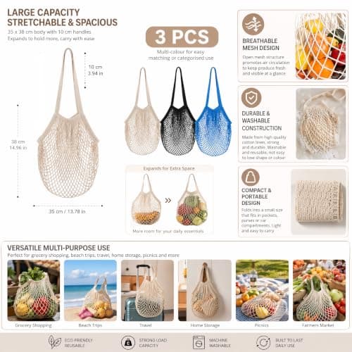 3Pcs Grocery String Bags, Cotton Mesh Reusable Portable String Shopping Bag — view 2
