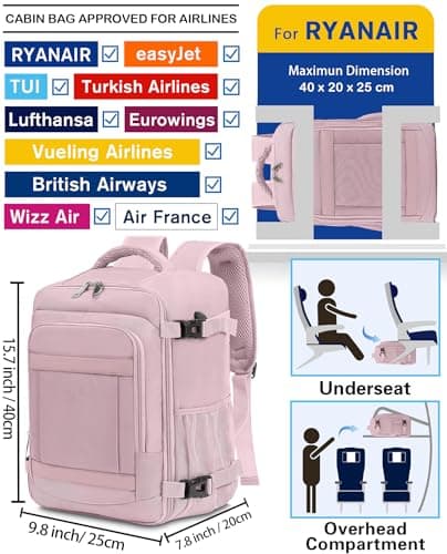 KLOSTAIN Cabin Bags 40x20x25 for Ryanair Underseat Travel Backpack Hand Luggage Carry-ons Bag Cabin Size 20L for Airplanes Flight Ruscksack Light Pink — view 2