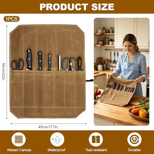 LINISITING Waxed Canvas Knife Roll Bag, 7 Slots Knife Roll Bag, Portable Waterproof Cutlery Tool Storage Case, Drawstring Design Handbag for Camping Hiking Kitchen Chef Tools Organizer — view 2