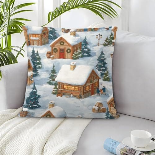 Winter Village Scene Organic Cotton Cozy Cabin StylePillow Slip Set of 2 Hypoallergenic UK Standard Size Kids Toddler Double Bed Ultra Soft No Pilling Gift Giving 40x40cm — view 4