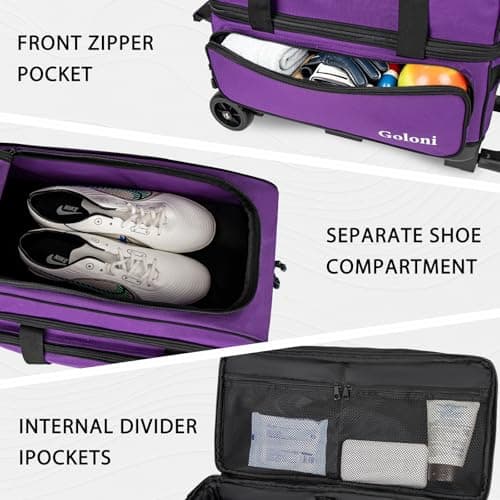 Goloni Double Roller 2 Ball Bowling Bag with Separate Shoe Compartment,2 Ball Bowling Bag with Wheels,Retractable Handle Extends to 40" — view 4