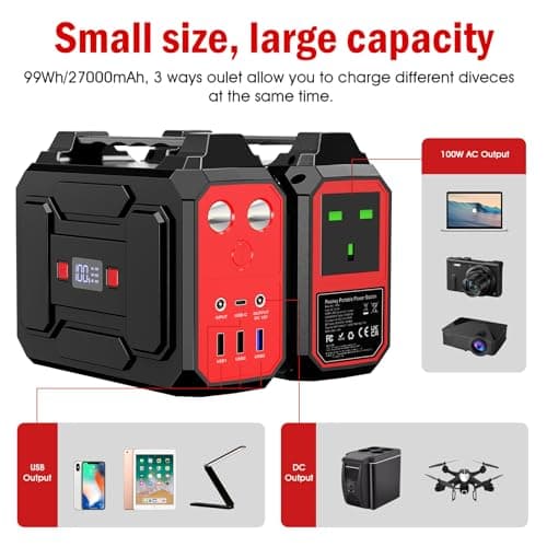 Powkey 100W Portable Power Station 97.68Wh/ 27000mAh,Outdoors,Red — view 3
