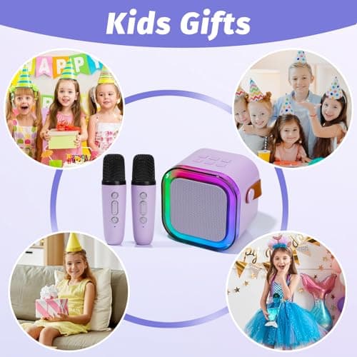 Mini Karaoke Machine for Kids Adults with 2 Wireless Microphones, Portable Singing Machine for Ages 3,4,5,6,7,8,9,10,11,12+ Years Old Girl Birthday Gift, Karaoke Speaker, Family,Home Party (Purple) — view 3