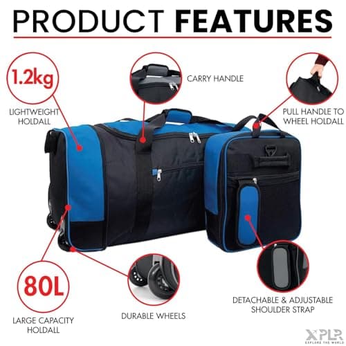XPLR Foldaway Holdall with Wheels – Lightweight 80L Travel Bag with Durable Wheels, Pull Handle & Shoulder Strap – Foldable Luggage for Gym, Hiking, Camping, Holidays & Travel – Compact & Spacious — view 2