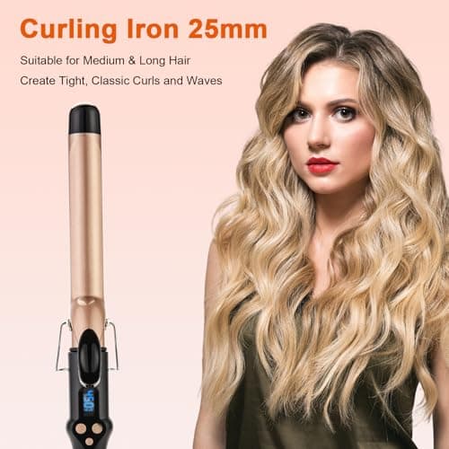 Curling Tongs 25mm for Medium and Long Hair Professional Tourmaline Ceramic Barrel Curler Iron with Clamp Dual Voltage Adjustable Temperature Long-Lasting Results Black — view 2