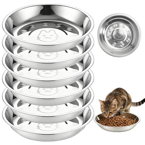 6 Pcs Stainless Steel Cat Bowls,16cm Whisker Fatigue Relief Shallow Cat Food Bowl and Water Bowl, Metal Dishes for Kitten, Puppy, Small Dog, Rabbit, Hamster, Guinea Pig, Stackable Pet Feeding Set