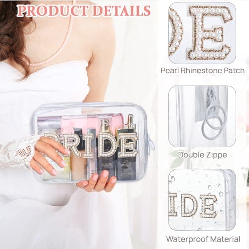 Bride Clear Cosmetic Bag, Etercycle Bachelorette Gifts for Bride Makeup Bag, Portable PVC Travel Toiletry Bag Bling Pearl Rhinestone Patch Letter Bags for Women Wedding Bachelorette Party (Gold) — view 3
