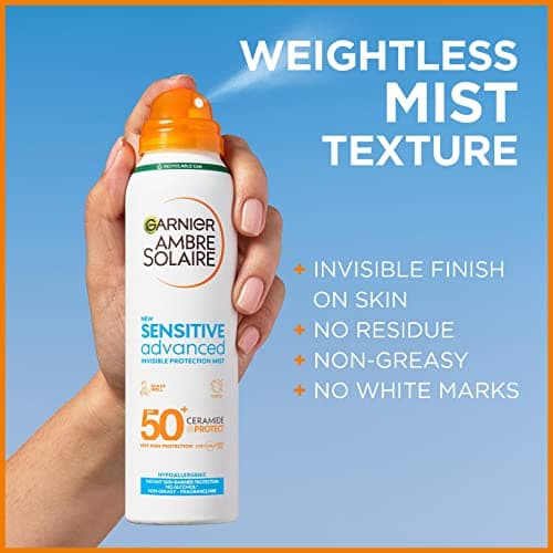Garnier Ambre Solaire SPF 50+ Sensitive Advanced Dry Mist Sun Cream Spray, Water Resistant & Non Greasy Sunscreen, Fragrance Free, UVA & UVB Protection, Approved by Cruelty Free International, 150ml — view 2