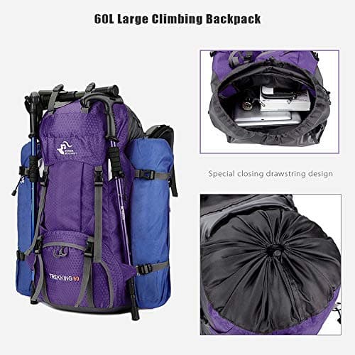 Bseash 60L Waterproof Hiking Camping Backpack with Rain Cover, Lightweight Outdoor Sport Travel Daypack Rucksack for Climbing Skiing — view 5