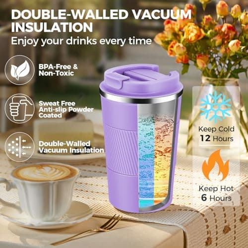 Volhoply 380ml 13oz Stainless Steel Insulated Travel Coffee Mug with Fip Lid,Reusable Double Wall Vacuum Metal Coffee Cup,Portable to Go Leak Proof Cafe Tumbler for Hot & Cold Drinks(Purple,1) — view 6