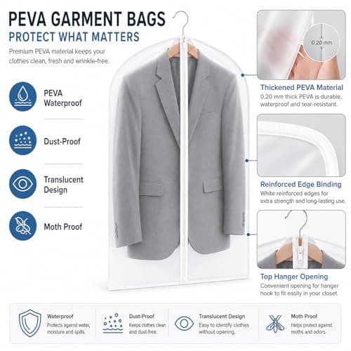 Garment Bags, 12 Pack 60cm x 100cm Breathable Suit Bag Covers with Zip, PEVA Clothes Cover Bags Coat Garment Bags Waterproof Moth Proof Dress Cover Bags for Wardrobe Storage and Travel (40" x 24") — view 3
