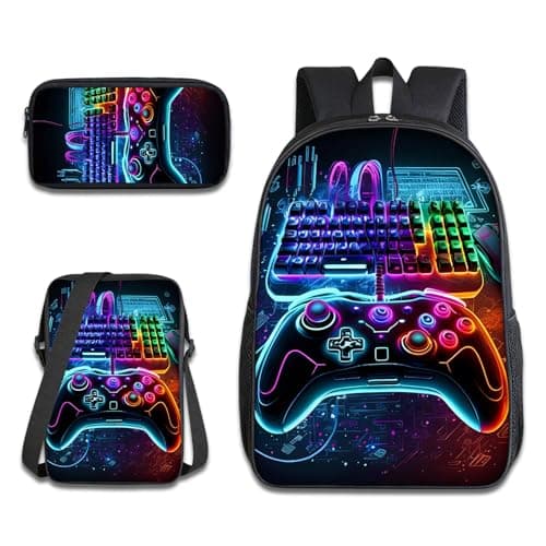 Nhemeylp 3PCS Gaming School Bag Set, Waterproof Backpack with Crossbody Bag & Pencil Case, Durable Boys Backpack for Kids Teens School Travel Camping Daily Use Gift