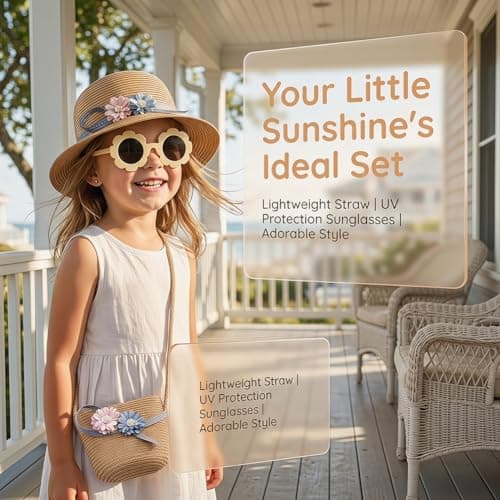 Girls Straw Hat, Sun Hat Set Mini Straw Handbag and Sunglasses Summer Beach Straws Cap Crossbody Bag Sets Beach Straws Hats Summer Travel Accessories for Beach,Vacation,Outdoor Activities(Khaki) — view 3