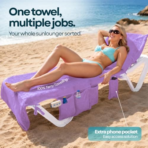 ITSA Terry Towelling Lightweight Beach Towel with Pockets & Handles | 100% Cotton Foldable Sun Lounger Cover | Carry Bag | Secure Storage Beach Towel. (LIght Purple) — view 2