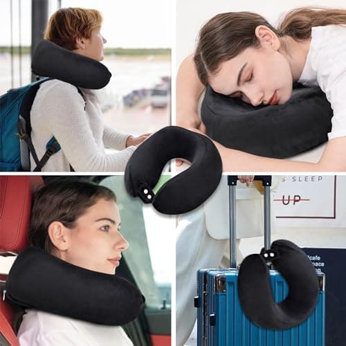 FEUFOAM Travel Pillow Neck Pillow With Velvet Cover Adjustable Airplane Pillow for Travel Sleeping Head and Neck Support Memory Foam Pillows for Adults Train Bus Office Home Black — view 6