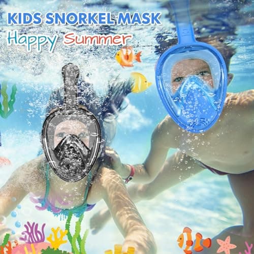 Kids Snorkel Mask Full Face, Snorkeling Gear for Kids 3-14 with Camera Mount, 180 Degree Panoramic View Snorkeling Set Anti-Fog Anti-Leak (Blue+Black) — view 3