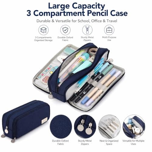 Large Capacity Pencil Case 3 Compartment Pouch Pen Bag for School, Navy — view 2