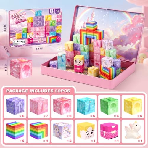 Magnetic Tiles Set for Kids - 52PCS Unicorn Magnetic Building Blocks, Mini Travel Magnetic Toys for Girls Boys Age 3 4 5 6 7 8 STEM Educational Learning Toy Birthday for Toddlers 3-9 — view 5