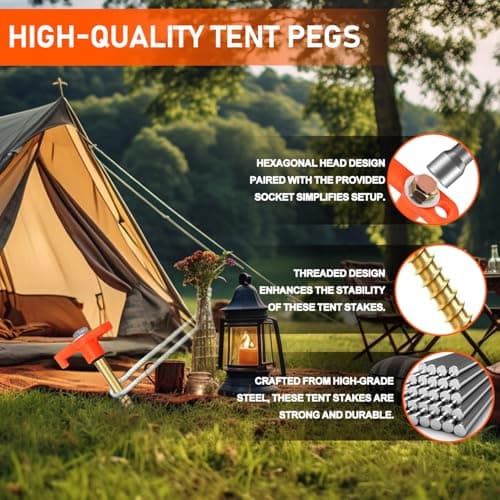 RIZENCE® 20 Pack Strong Tent Pegs Metal Heavy Duty with Carry Case - 20cm Screw In Tent Camping Pegs with Drill Adapter, Rock Pegs for Hard Ground for Camping, Galvanised Steel Rust-Resistan — view 3