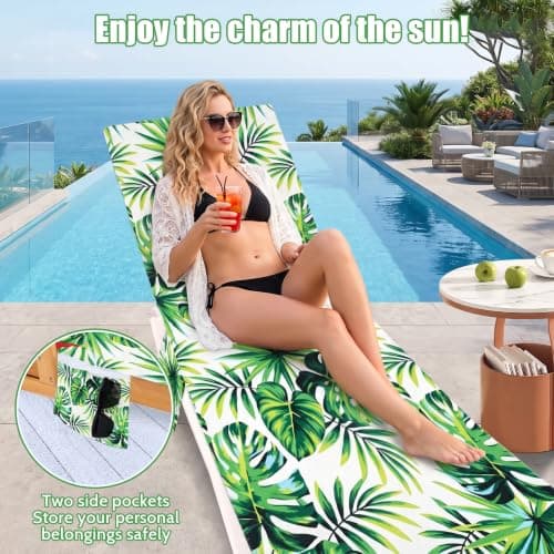 Minicoco Beach Towel with Pockets，Sand Free Sun Lounger Towel with Bag, Lightweight Sports Towel, Compact Travel Beach Towel for Summer Outdoor Pool Vacation, 215×75cm, Green Leaf Print — view 3