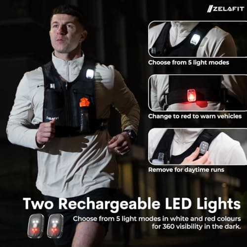 ZelaFit® Running Vest with Rechargeable LEDs & Micro USB Charging Cables, Water Bottle and Straw - Hydration Vest with 8 Pockets - Running Backpack Alternative - Men & Women (Extra Small - Small) — view 5