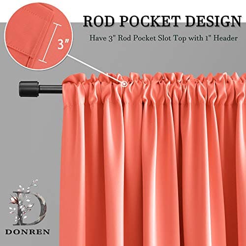 DONREN Room Darkening Half Curtains for Small Windows - Cabinet Curtain Tiers for Kitchen with Rod Pocket (Coral,42 x 36 Inch Length,2 Panels) — view 2