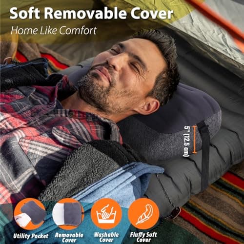 TREKOLOGY Inflatable Camping Pillow - Travel Pillows for Backpacking, Beach & Airplane - Blow Up Head & Neck Support Camp Cushion with Removable Cover, Adjustable Attachment Strap & Storage Bag (Grey) — view 2