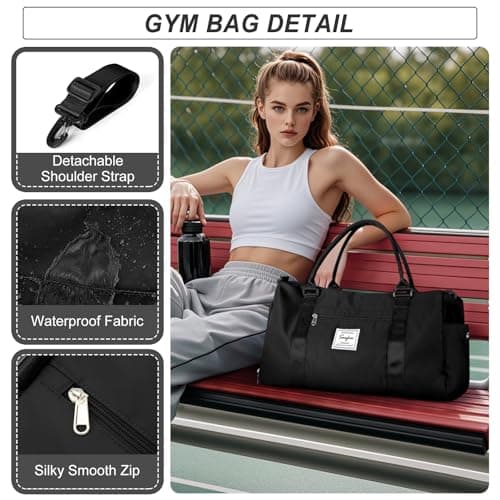 HYC00 Gym Bags Women Men Sports Duffle Bag with Shoes Compartment & Wet Pocket,Travel Duffel Bags for Women Large Weekend Overnight Holdall for Hospital Swimming Carry on Hand Luggage Bag,Black — view 4