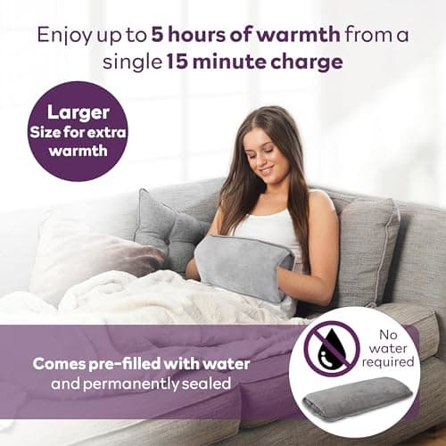 Carmen Large Rechargeable Hot Water Bottle, Soft Touch Fleece Cover, Hand Warmer, Automatic Temperature Control, W36cm x H19cm, Grey — view 2
