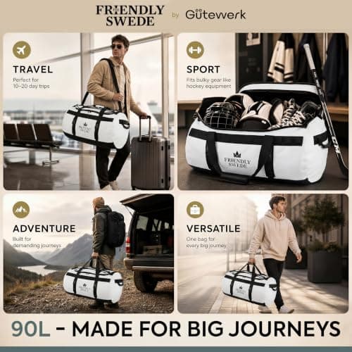 The Friendly Swede Water-Resistant Duffle Bag Backpack, 500D PVC,90L White — view 5