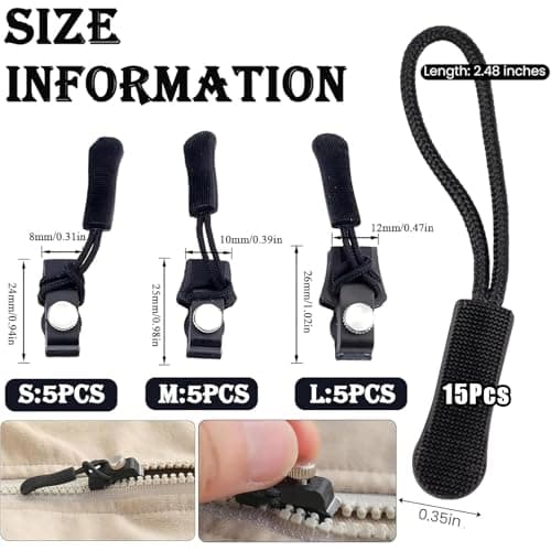 15 PCS Zip Repair Kit, 3 Sizes Zip Puller Replacement with 15 ZipPull Rope, Fix ZipPuller ZipSlider Replacement Zips Fix for Luggage, Backpacks, Jackets Zips Repair — view 2