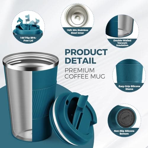Volhoply 380ml 13oz Stainless Steel Insulated Travel Coffee Mug with Fip Lid Bulk 2 Pack,Reusable Double Wall Vacuum Metal Coffee Cup,Portable Leak Proof Tumbler for Hot & Cold Drinks(Bule,2) — view 3