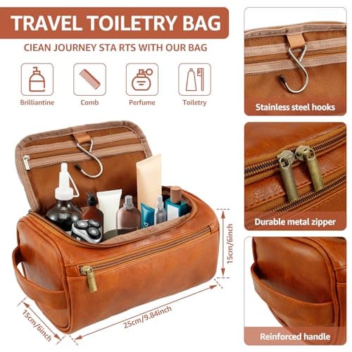 Water-Resistant Leather Toiletry Bag for Men, Large Travel Wash Bag with Handle, Shaving Bag Makeup Bag Organizer Portable Cosmetic Bag for Travel, Men Gift — view 2