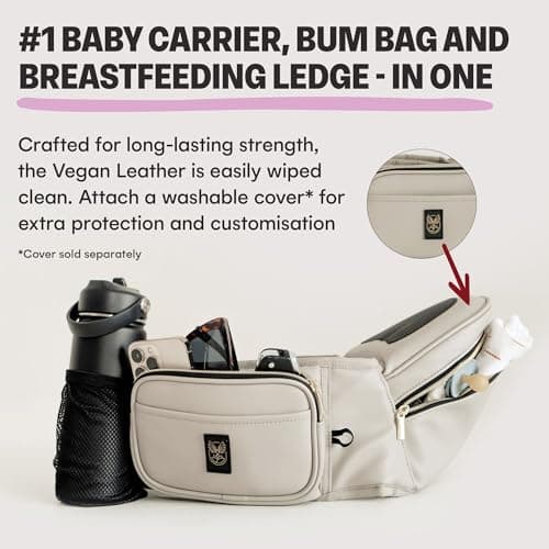 HACKERLILY HipSurfer Hip Seat Baby Carrier & Bum Bag For 0-3 Years Babies - Multi-Award Winning, Ergonomic Baby Hip Carrier For Newborns & Toddlers, Vegan Leather, Inbuilt Storage (TAUPE) — view 3