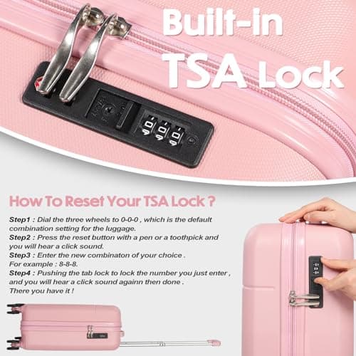 H.yeed Carry on Suitcase ABS Hard Shell Lightweight Small Trolley Travel Cabin Luggage with 4 Double Spinner Wheels TSA Lock for Women, 21" Pink — view 4
