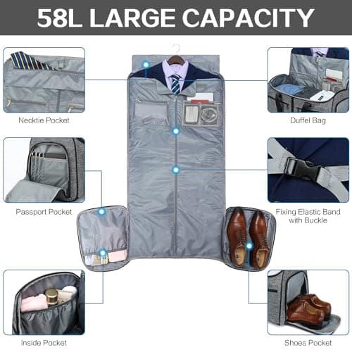 TUGUAN Convertible Garment Duffle Bags for Travel, Carry on Garment Duffel Bag Backpack for Men Women, 3 in 1 Large Suit Travel Bag with Shoe Compartment & Back Straps for Weekend Luggage, Grey — view 4