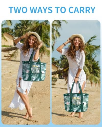Large Beach Bag with Zip Mesh Beach Bags for Women Men Family, M Coconut — view 6