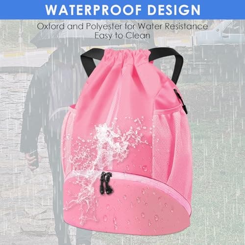 BROTOU Unisex Drawstring Backpack, Waterproof Gym Bag, Large Oxford PE Pack, Students School Backpack, Durable Sports Ball Bag, with Shoe Bag (A, Pink) — view 6