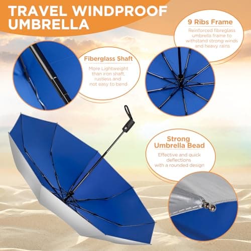 NINEMAX UV Umbrella for Sun Protection UPF 50+, Sun Umbrella UV Protection, Travel Compact Brolly Solar Blocking Reflective Windproof Auto Open Close,46 Inch (Silver Blue) — view 5