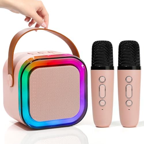 Mini Karaoke Machine for Kids Adults with 2 Wireless Microphones, Portable Singing Machine for Ages 3,4,5,6,7,8,9,10,11,12+ Years Old Girl Birthday Gift, Karaoke Speaker, Family,Home Party (Pink)