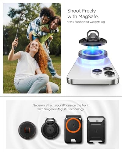 Spigen S582W MagFit Plus MagSafe 66" Extendable Tripod Selfie Stick for iPhone, 360° Rotating Head Bluetooth 5.0 Remote, One Push Opening Magnetic Phone Stand, Universal metal ring included - Black — view 2