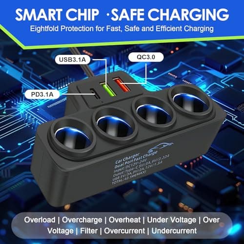 120W Car Cigarette Lighter Multi Socket with 4 Sockets & 3 USB Ports — view 4