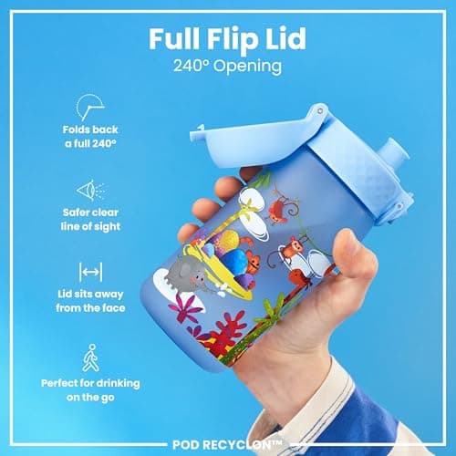 Ion8 Kids Water Bottles, 350ml/12oz, BPA Free, Leakproof, Dishwasher Safe, Easy Open, Secure Lock, Small Boys & Girls Water Bottle,Kids Drinks Bottle for Spill-free Drinking, Blue, Safari — view 4