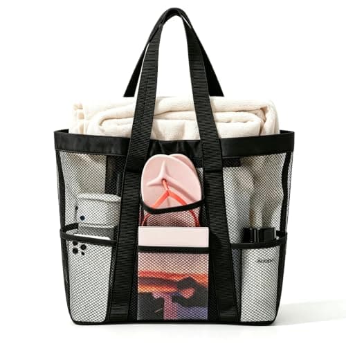 Large Mesh Beach Bag for Women and Men Tote Bag with 8 Pockets for Towels toiletries slippers cups and toys,Beach Essentials Ideal for Swimming Pool Vacation and Travel Lightweight Foldable (Black L)