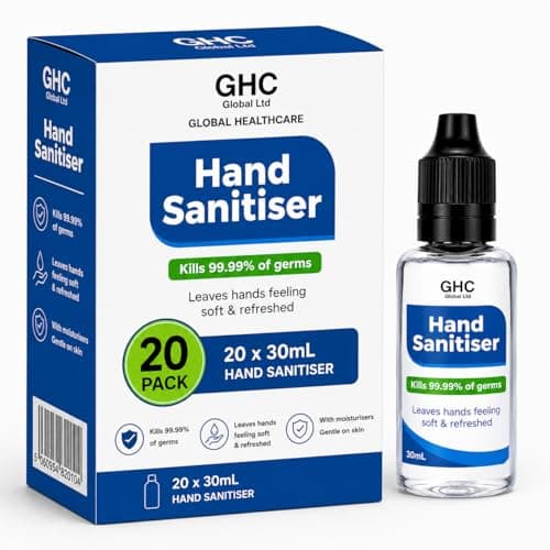 GHC Global Health Care Hand Sanitiser Gel (Pick Any Size) - 75% Alcohol Antibacterial Hand Gel for Travel, School, Office & Everyday Hygiene - Quick Dry Pocket Sanitiser (30ML, Pack of 20)