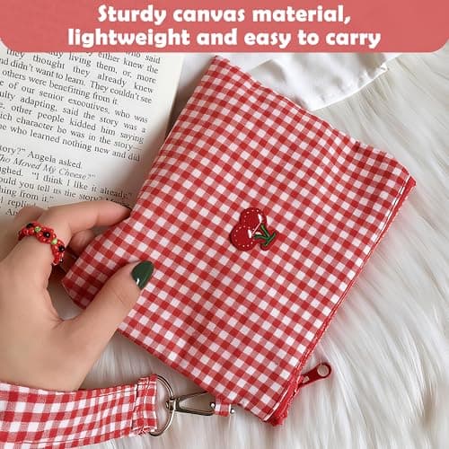 Cherry Makeup Pouch, Small Cosmetic Bag for Handbag, Plaid Travel Bag — view 6
